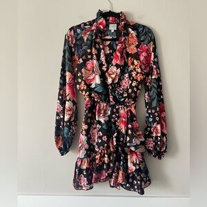 Torn by Ronny Kobo for Boston Proper Floral Ruffle Mini Dress XS Black Pink